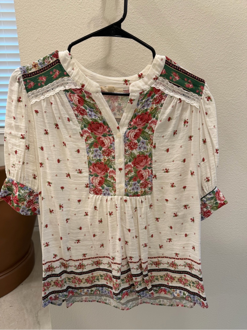 Easel White Peasant Blouse with Red & Green Floral Trim